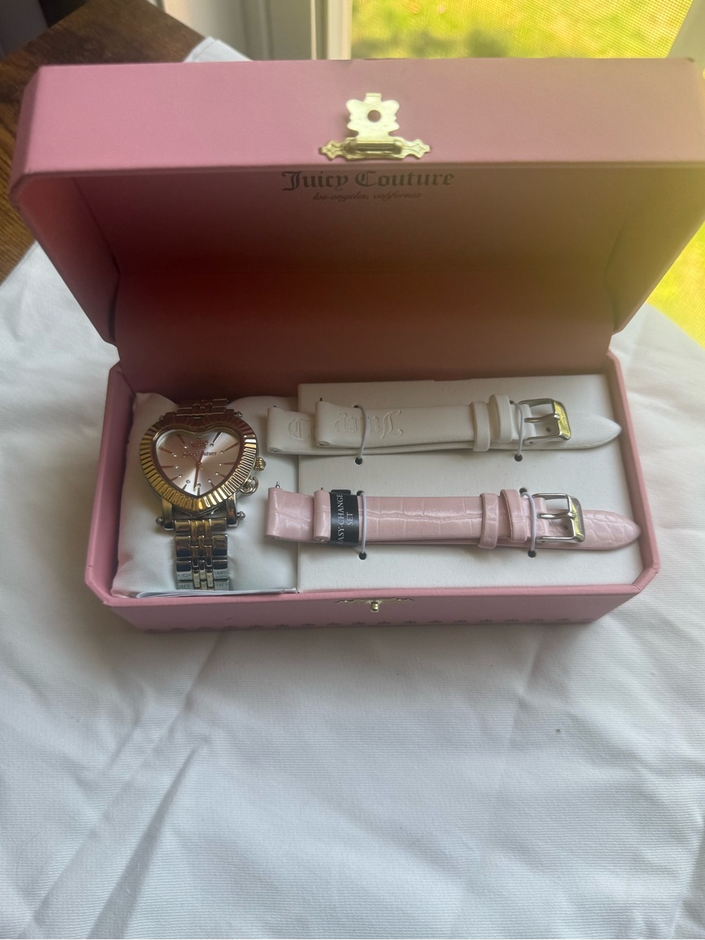 Juicy Couture Two-Tone Gold Heart Dial Watch with Pink and White Straps